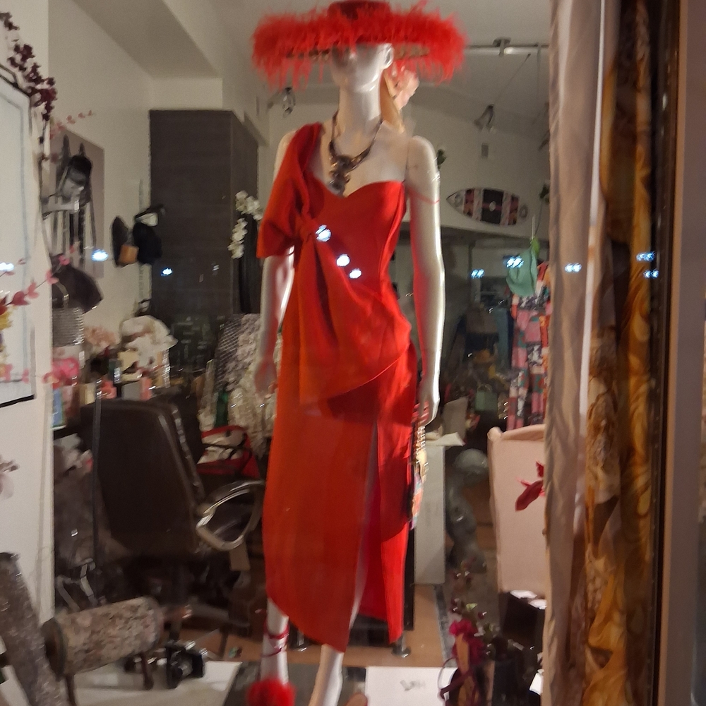 AKIRA One-Shoulder Red Dress with Feather Accent